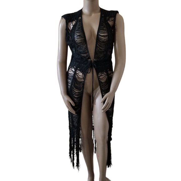 Distressed Tie Waist Short Sleeve Fringe Knit Cover Up Robe Womens XXL Black - Picture 5 of 15